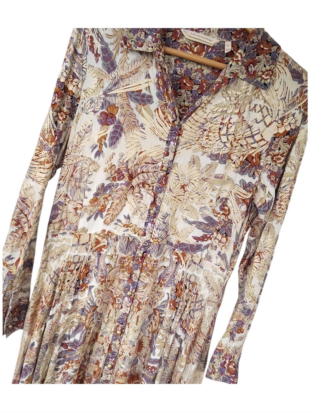 Soft Surroundings Boho Metallic Floral Maxi Collared Shirtdress Sz S - Picture 11 of 16